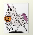 White and Pink Unicorn wearing a sheet with halloween candy