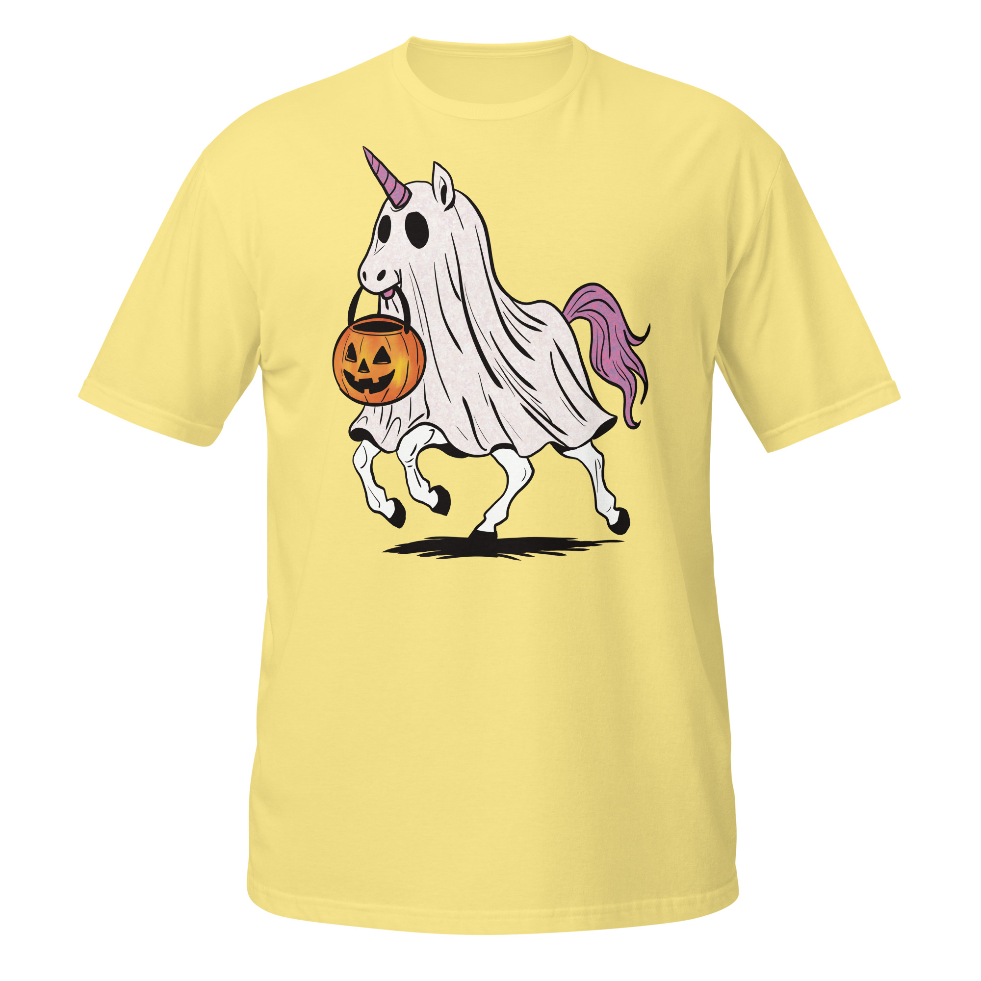 Unicorn with Pink and Orange Halloween Pumpkin Short-Sleeve Unisex T-Shirt - Image 10