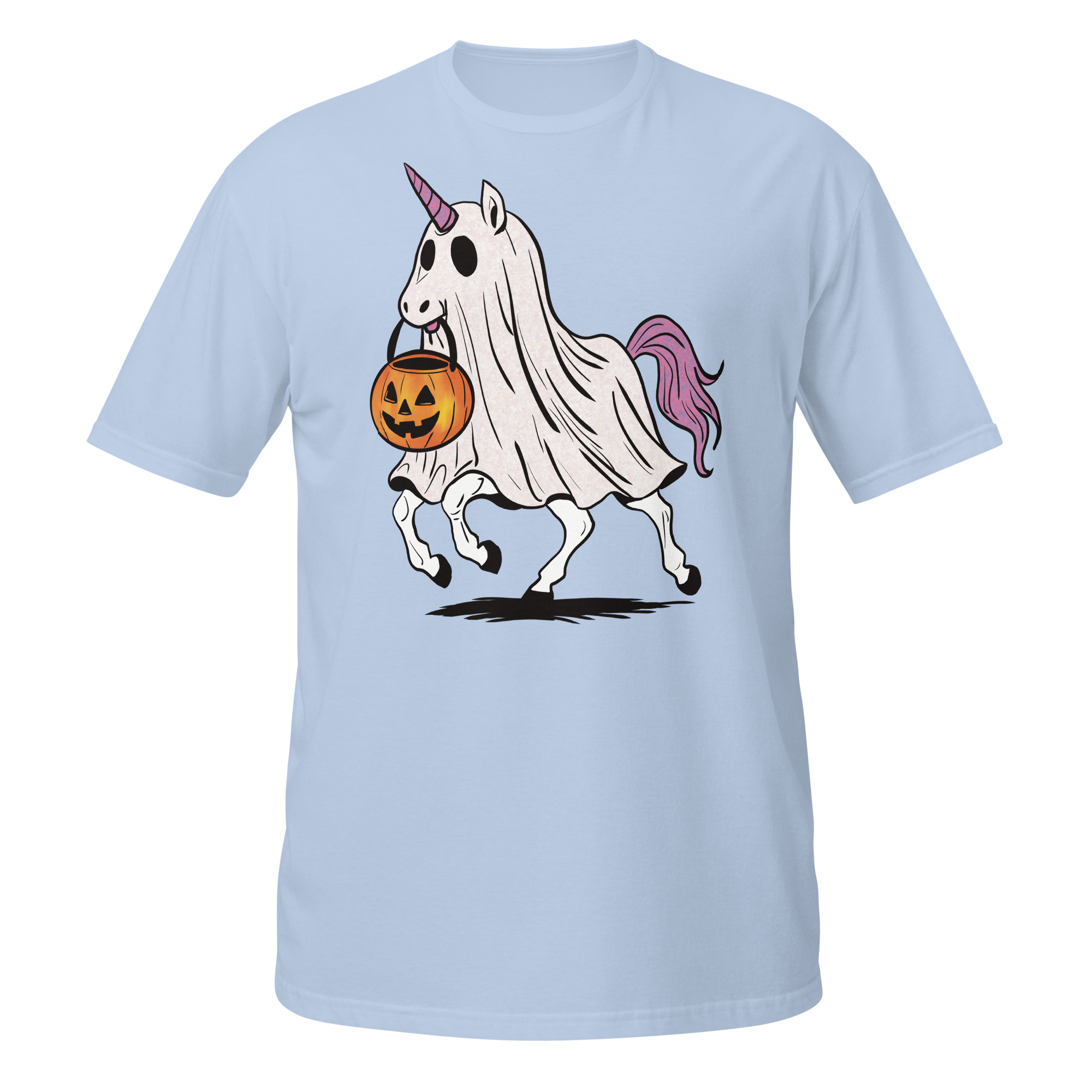 Unicorn with Pink and Orange Halloween Pumpkin Short-Sleeve Unisex T-Shirt - Image 7