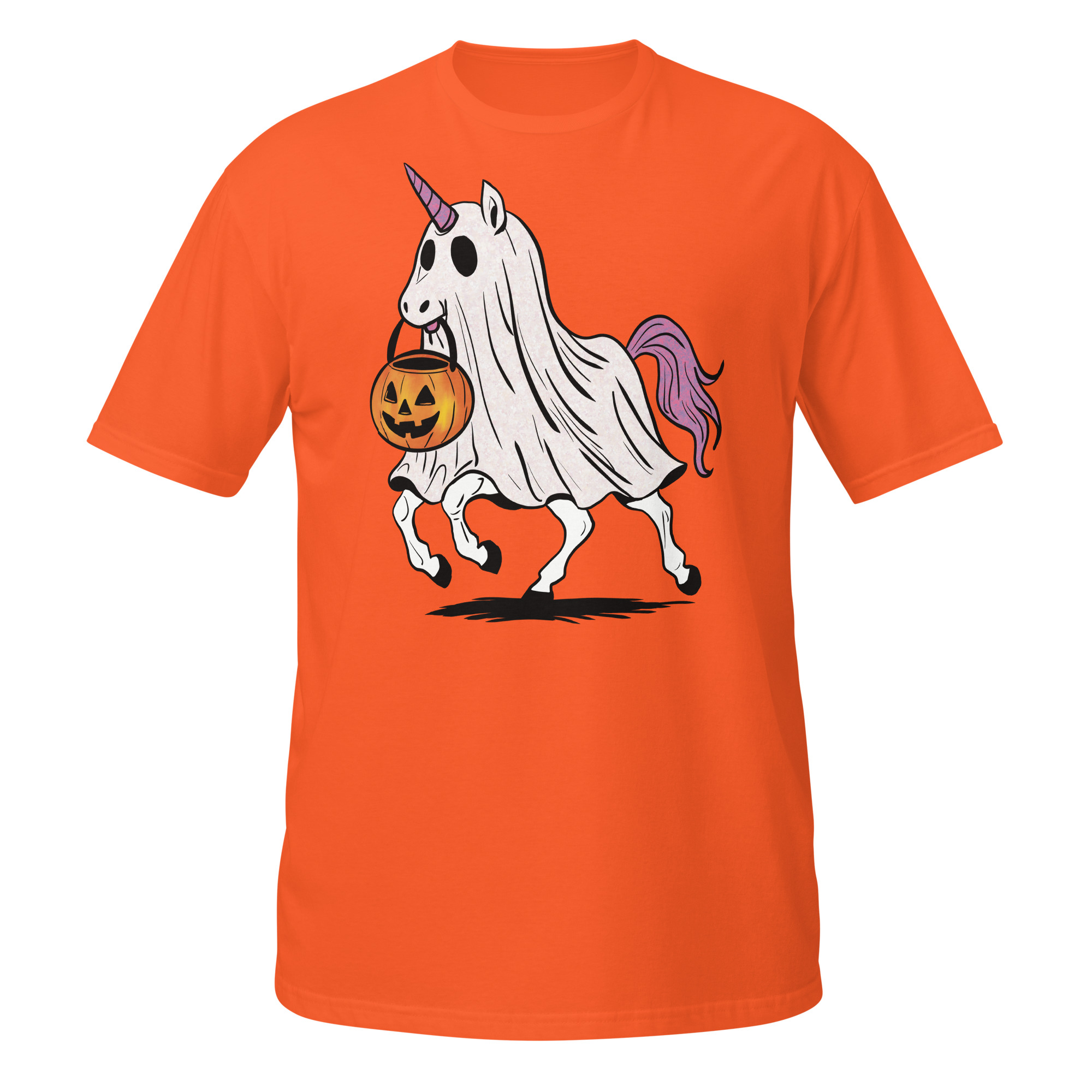 Unicorn with Pink and Orange Halloween Pumpkin Short-Sleeve Unisex T-Shirt - Image 4