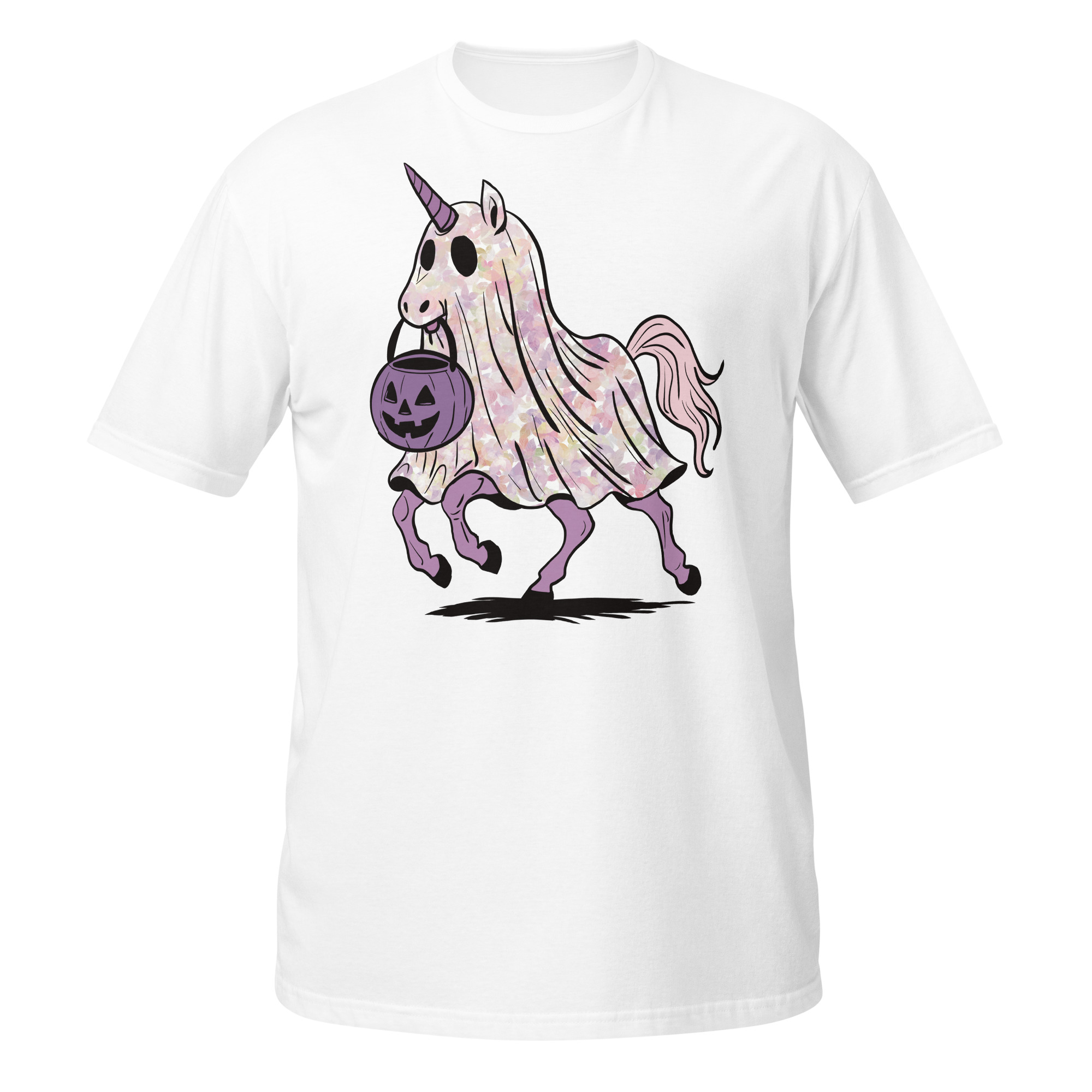 Unicorn with Flowers and Halloween Pumpkin Short-Sleeve Unisex T-Shirt - Image 13