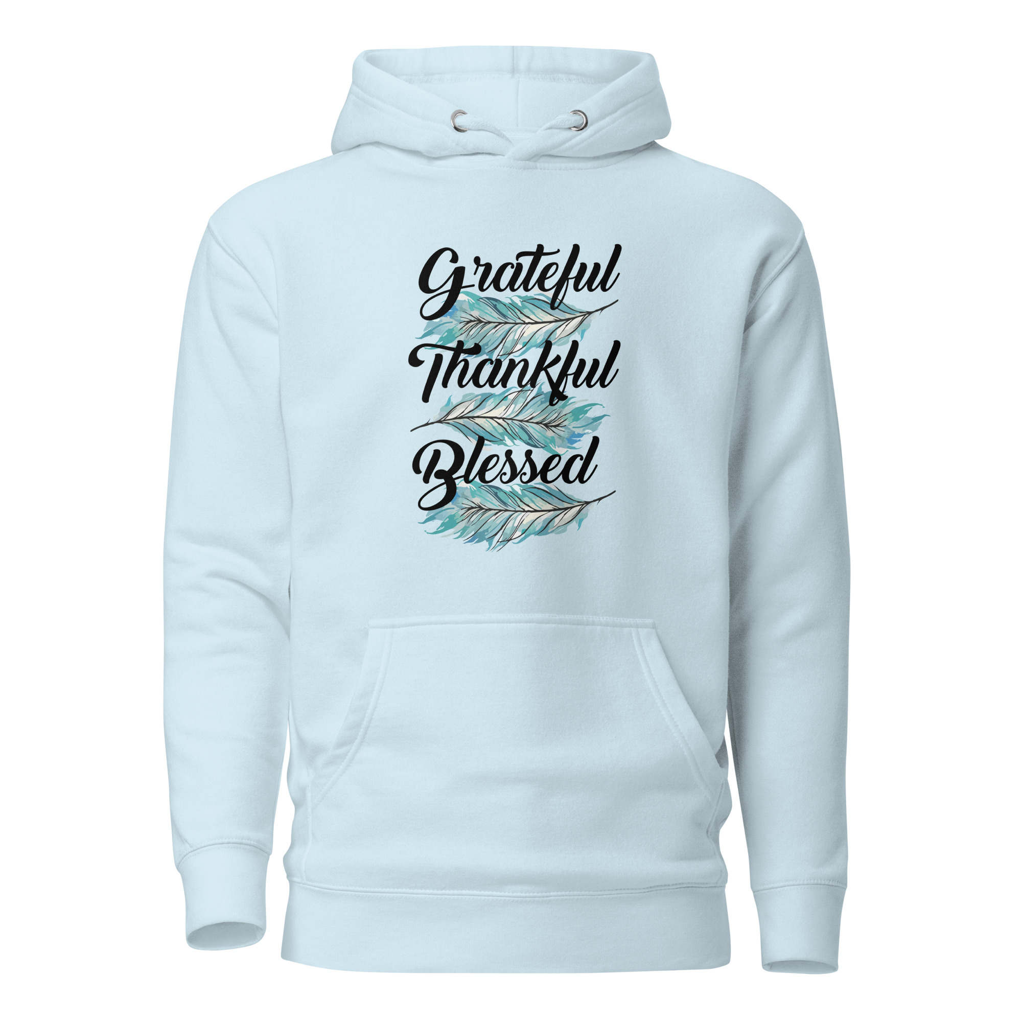 Grateful Thankful Blessed Teal Feathers Unisex Hoodie - Image 2