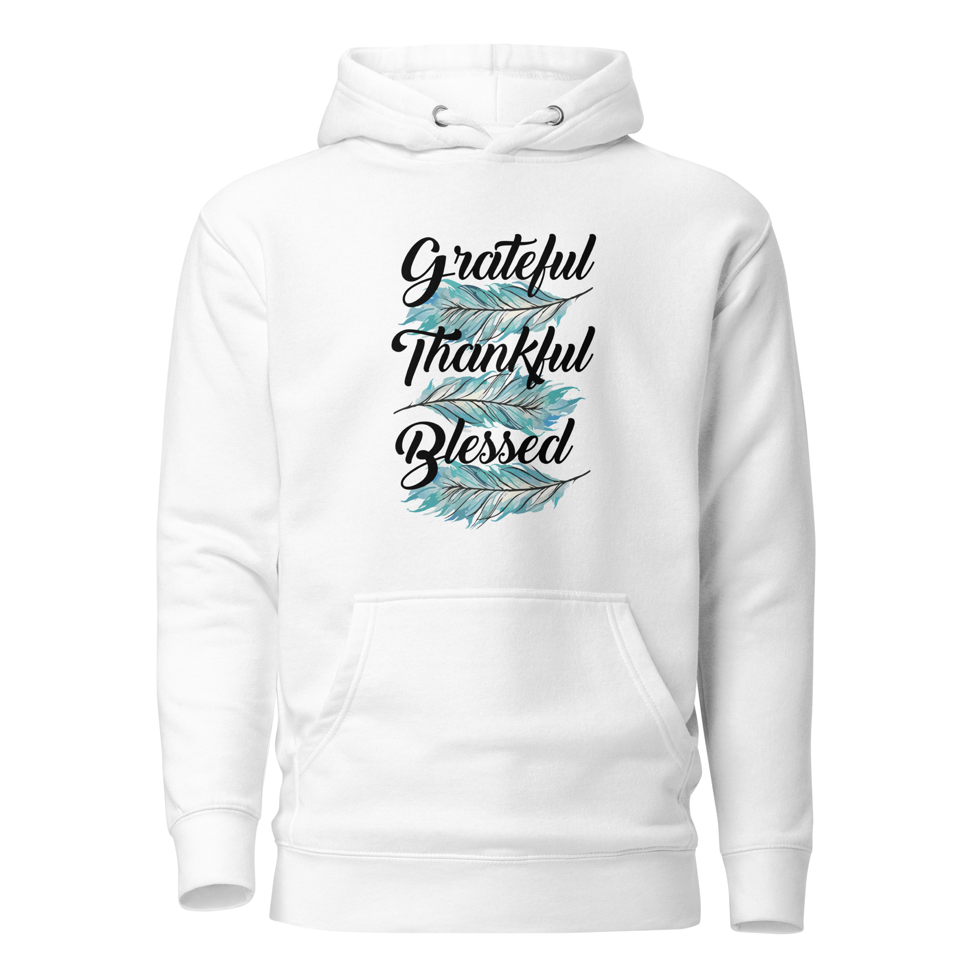 Grateful Thankful Blessed Teal Feathers Unisex Hoodie - Image 4