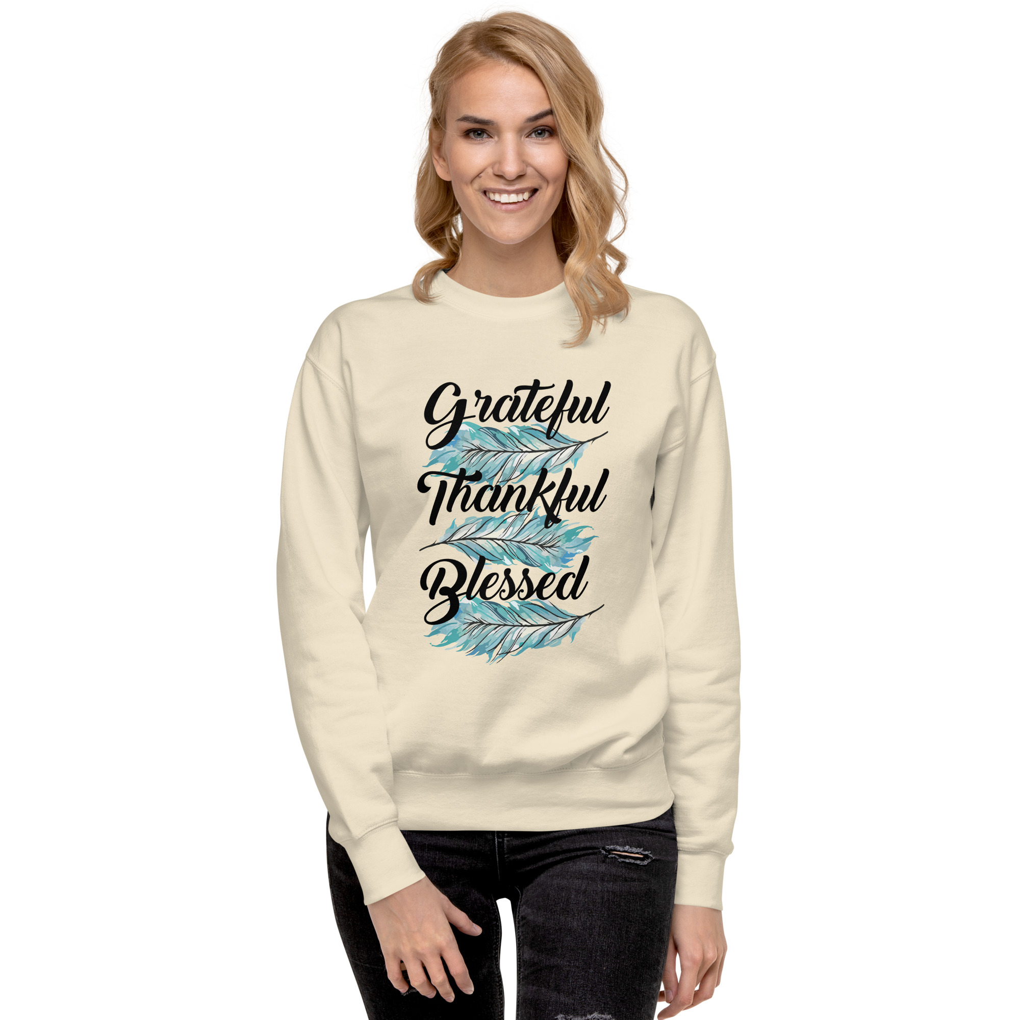 Grateful Thankful Blessed Teal Feathers Unisex Premium Sweatshirt - Image 21