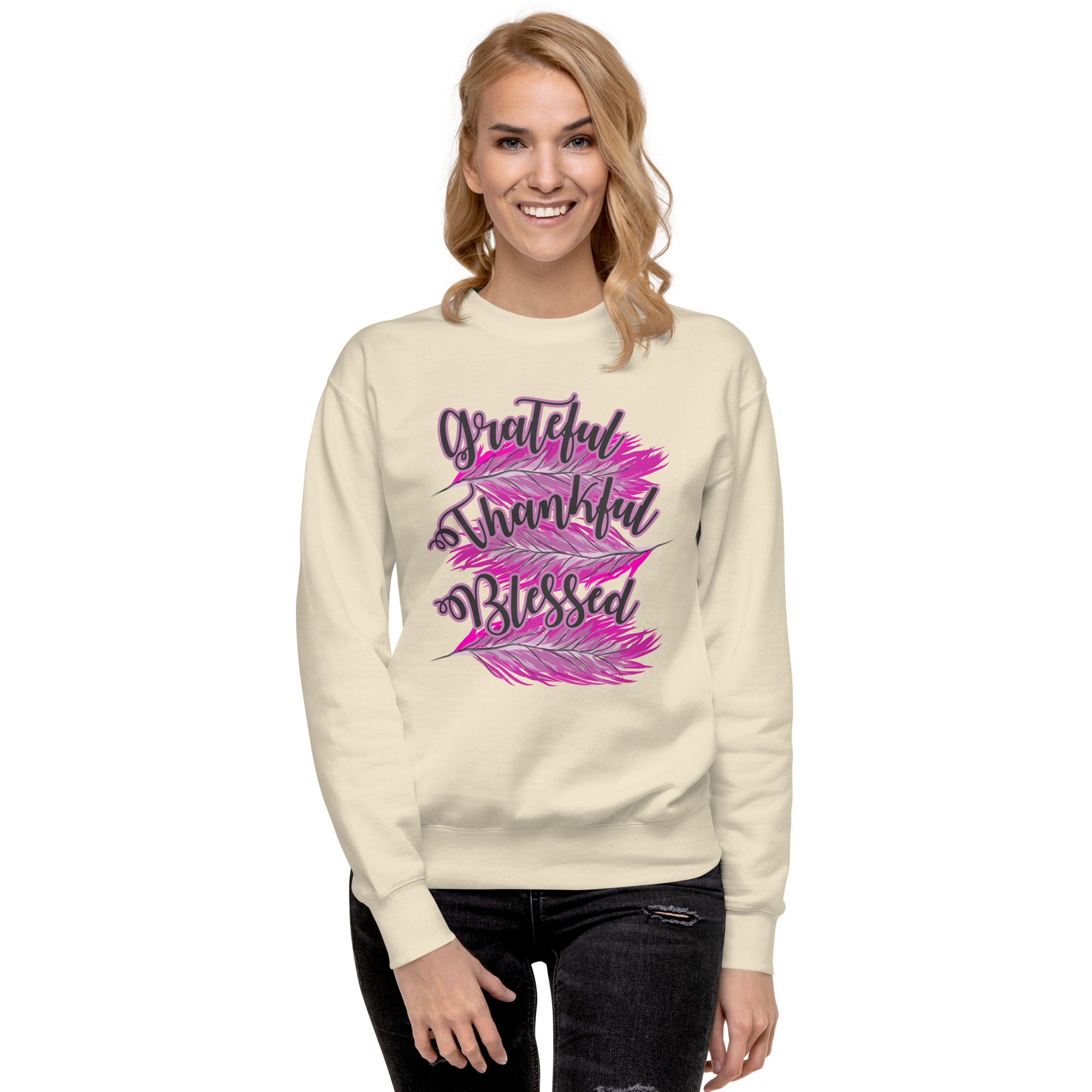 Grateful Thankful Blessed Pink Feathers Unisex Premium Sweatshirt - Image 21