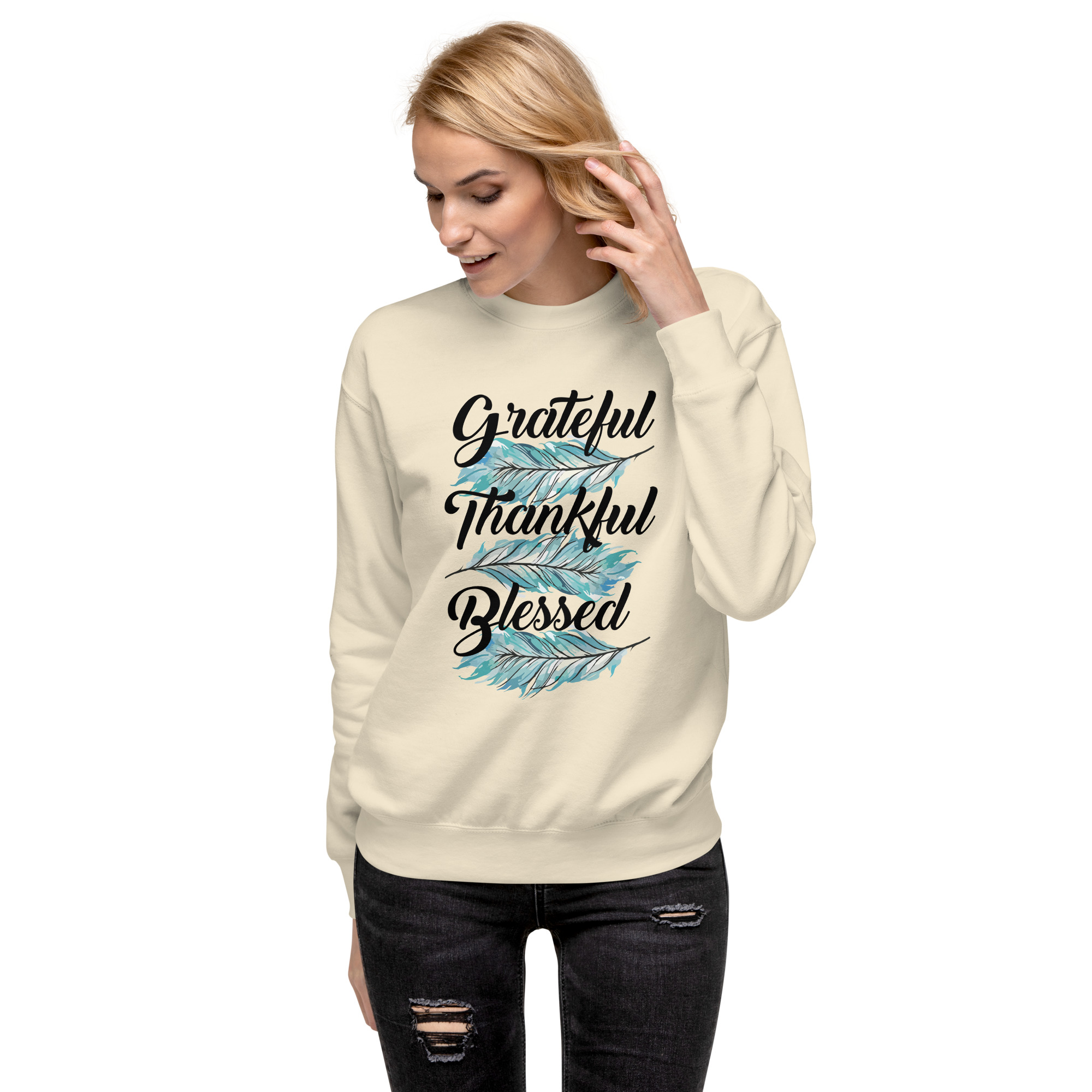 Grateful Thankful Blessed Teal Feathers Unisex Premium Sweatshirt - Image 15