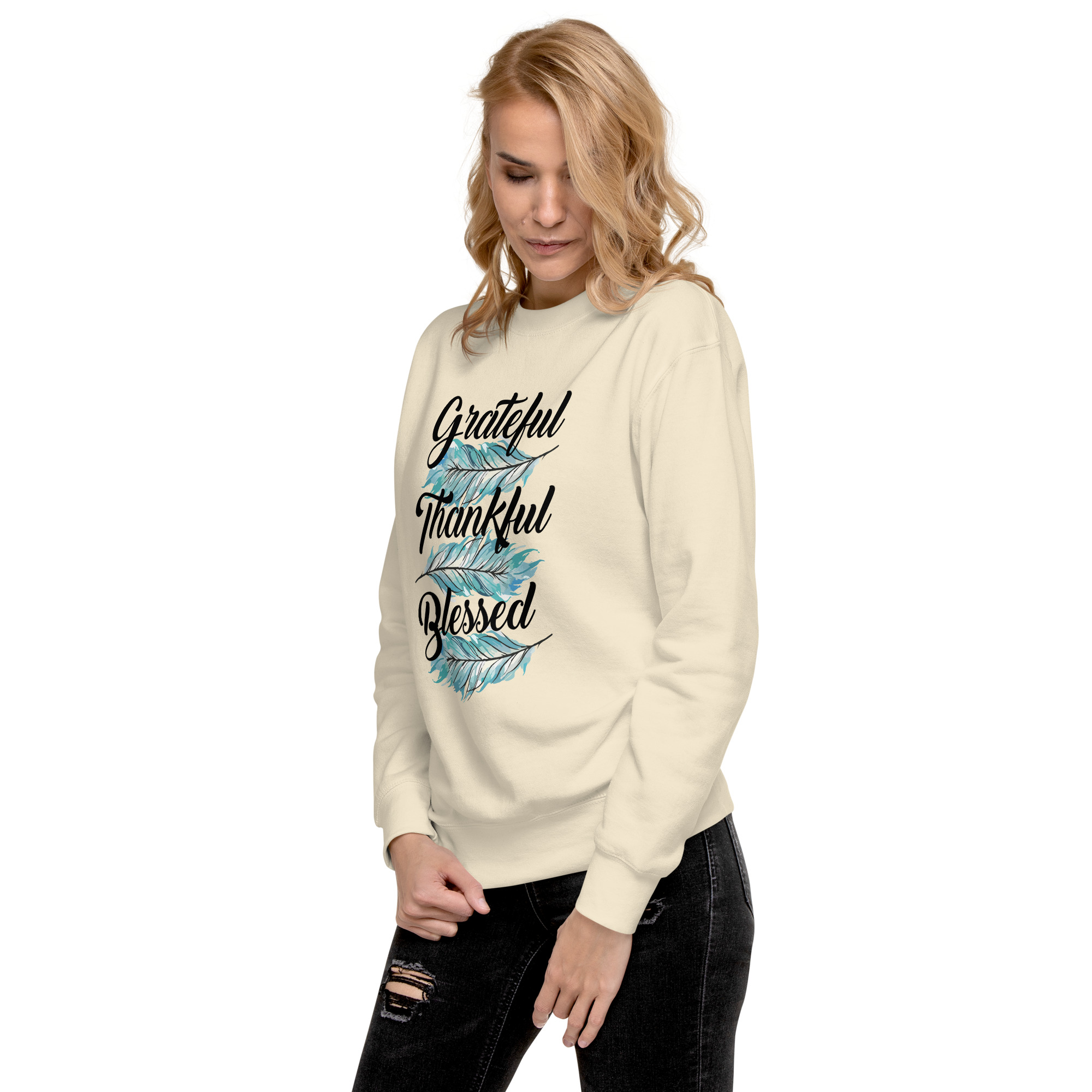 Grateful Thankful Blessed Teal Feathers Unisex Premium Sweatshirt - Image 26