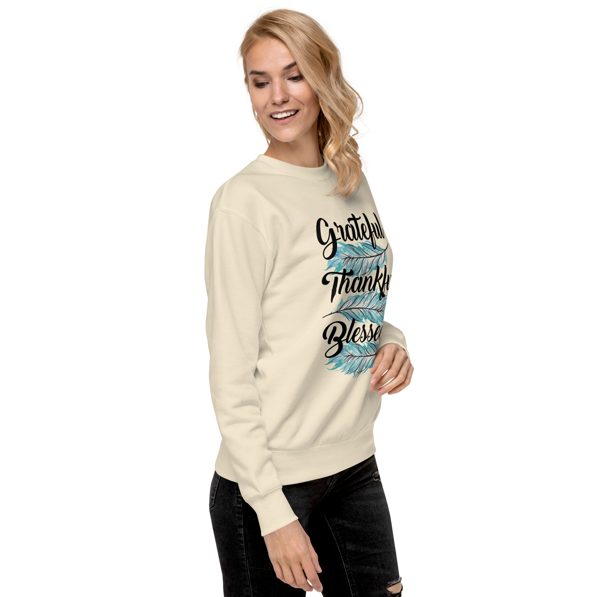 Grateful Thankful Blessed Teal Feathers Unisex Premium Sweatshirt - Image 32
