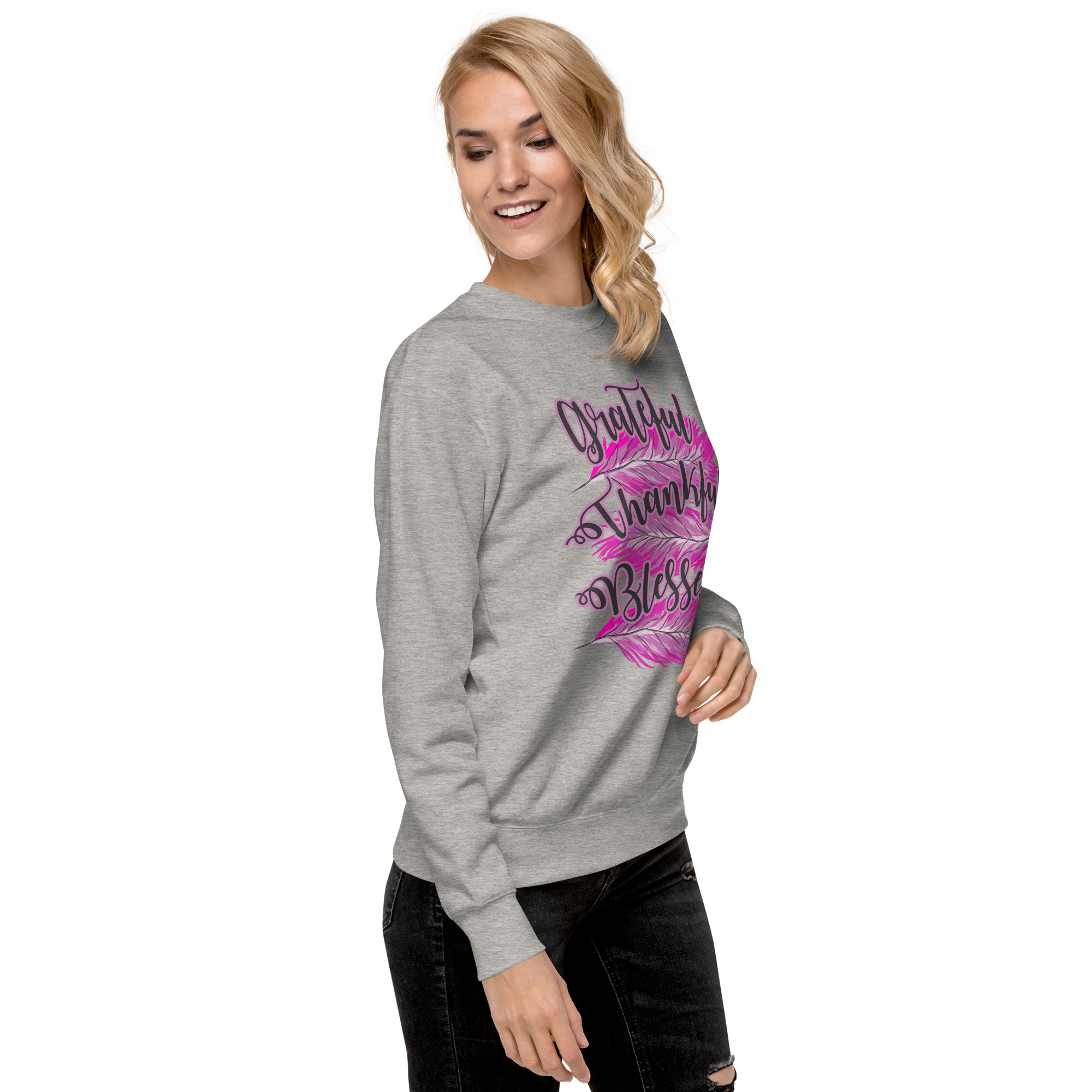 Grateful Thankful Blessed Pink Feathers Unisex Premium Sweatshirt - Image 31