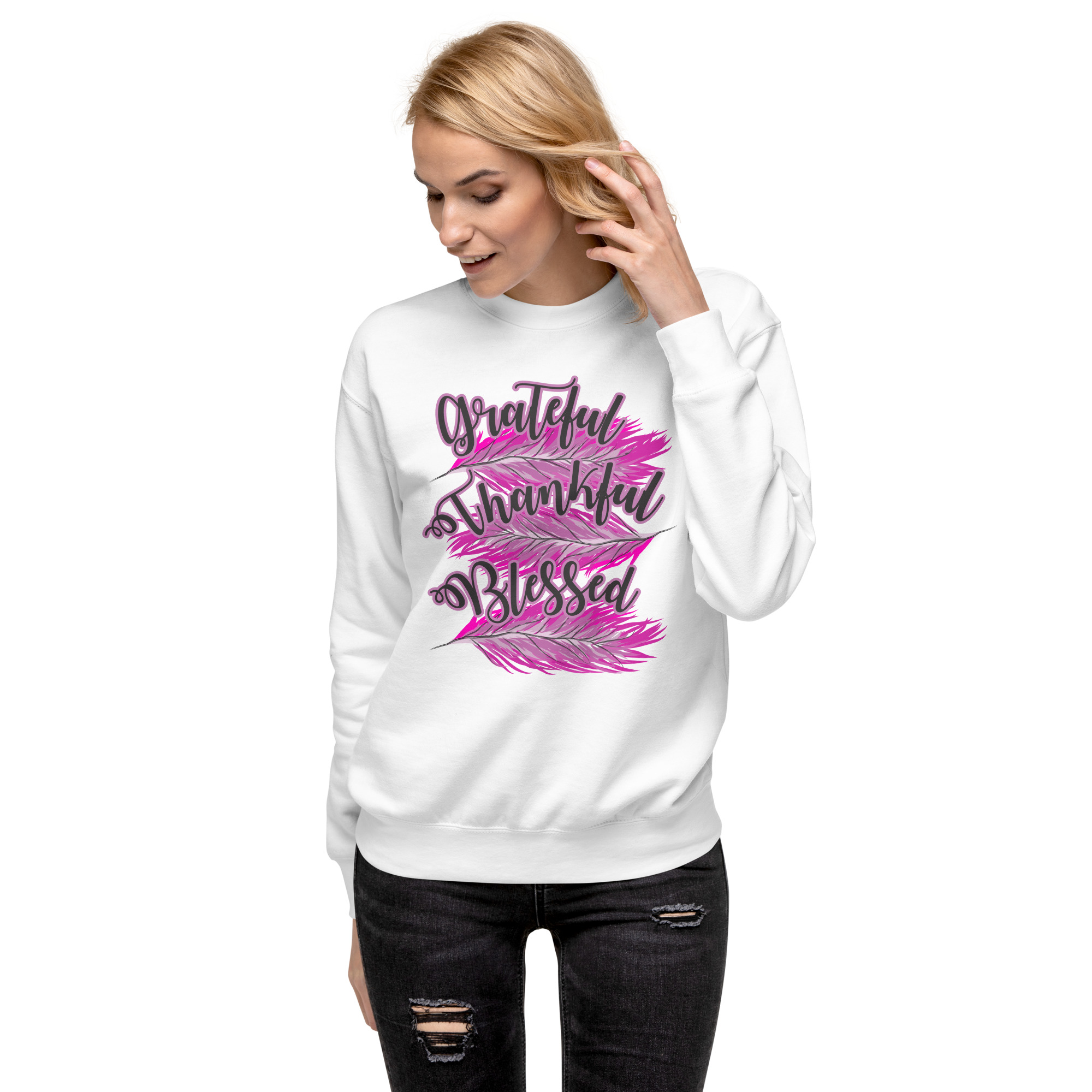 Grateful Thankful Blessed Pink Feathers Unisex Premium Sweatshirt - Image 16