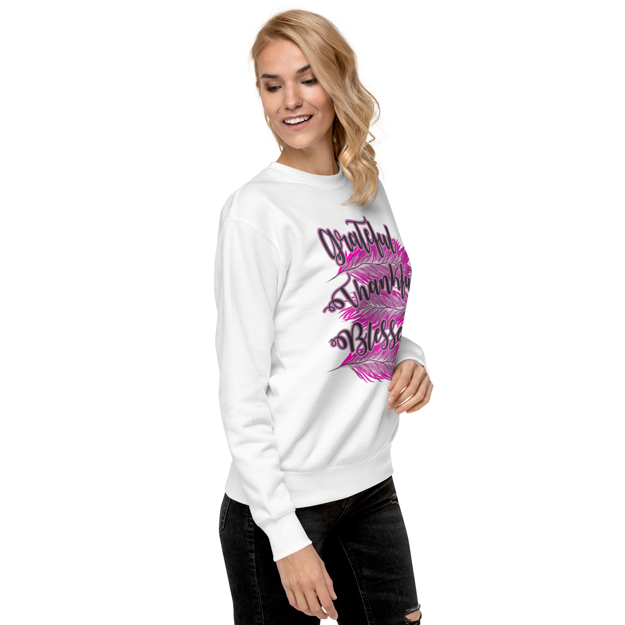 Grateful Thankful Blessed Pink Feathers Unisex Premium Sweatshirt - Image 33
