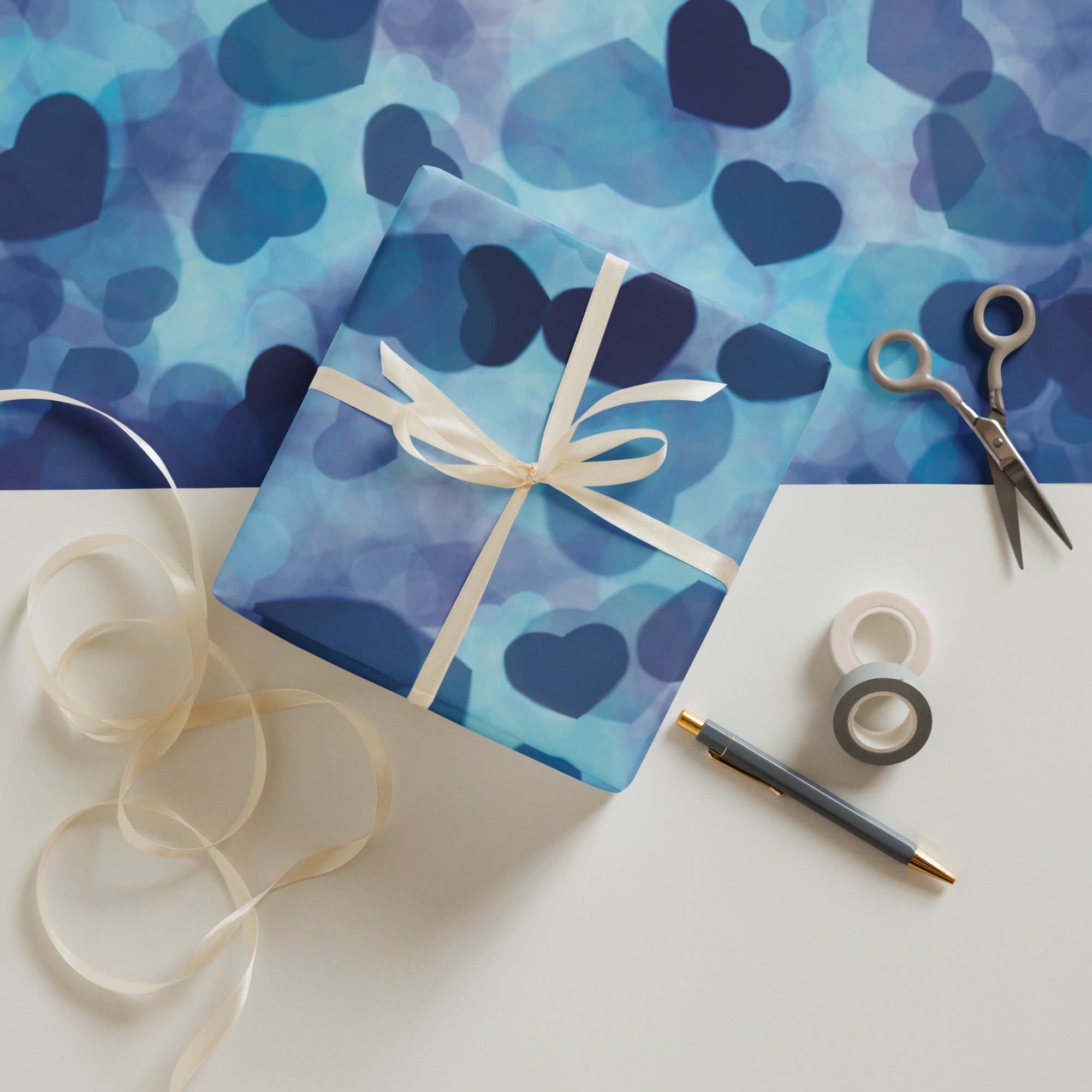 Light Blue, Navy Blue Hearts Wrapping paper sheets - Image 9